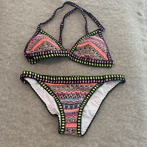Victoria's Secret Neon Aztec Crochet-Trim Bikini Set Pink & Multi